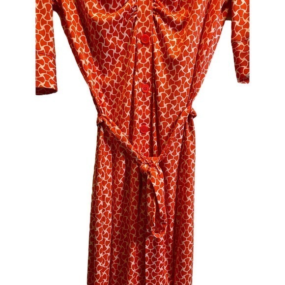 Laundry Orange Geometric Collared, V-Neck Button Down Dress, Tie & 3/4 Sleeves - Picture 8 of 8